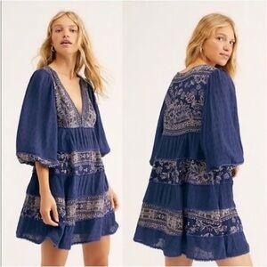 Free People My Love Mini Navy Blue Embroidered Dress S